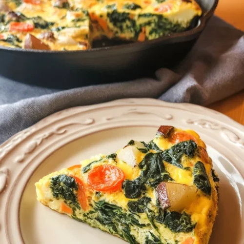 A triangular slice of roasted vegetable frittata served on a decorative white plate in the foreground, showing visible layers of spinach, sliced tomatoes, and roasted potatoes. In the soft-focus background, a black cast iron skillet sits on a grey napkin containing the remaining golden-baked frittata.