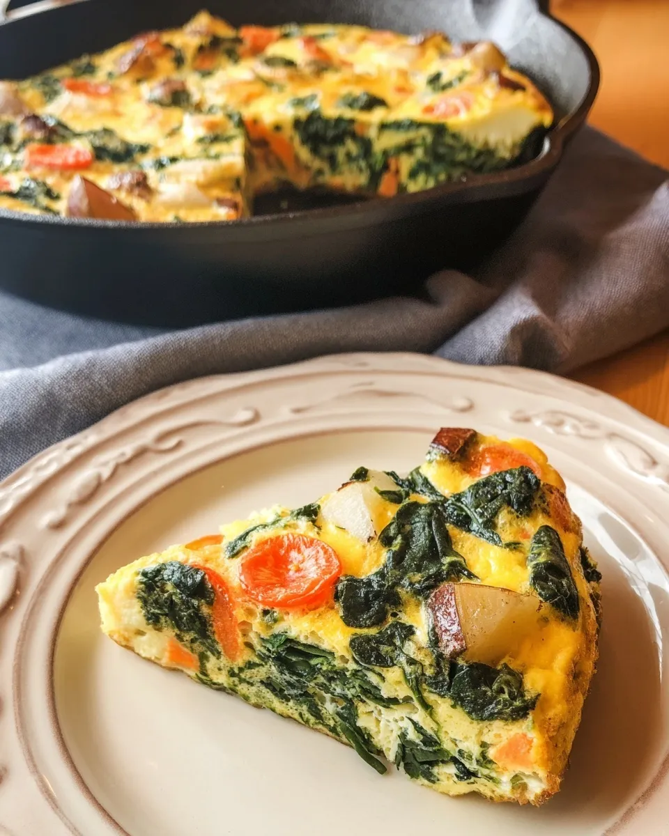 roasted vegetable frittata served A triangular slice of roasted vegetable frittata served on a decorative white plate in the foreground, showing visible layers of spinach, sliced tomatoes, and roasted potatoes. In the soft-focus background, a black cast iron skillet sits on a grey napkin containing the remaining golden-baked frittata.