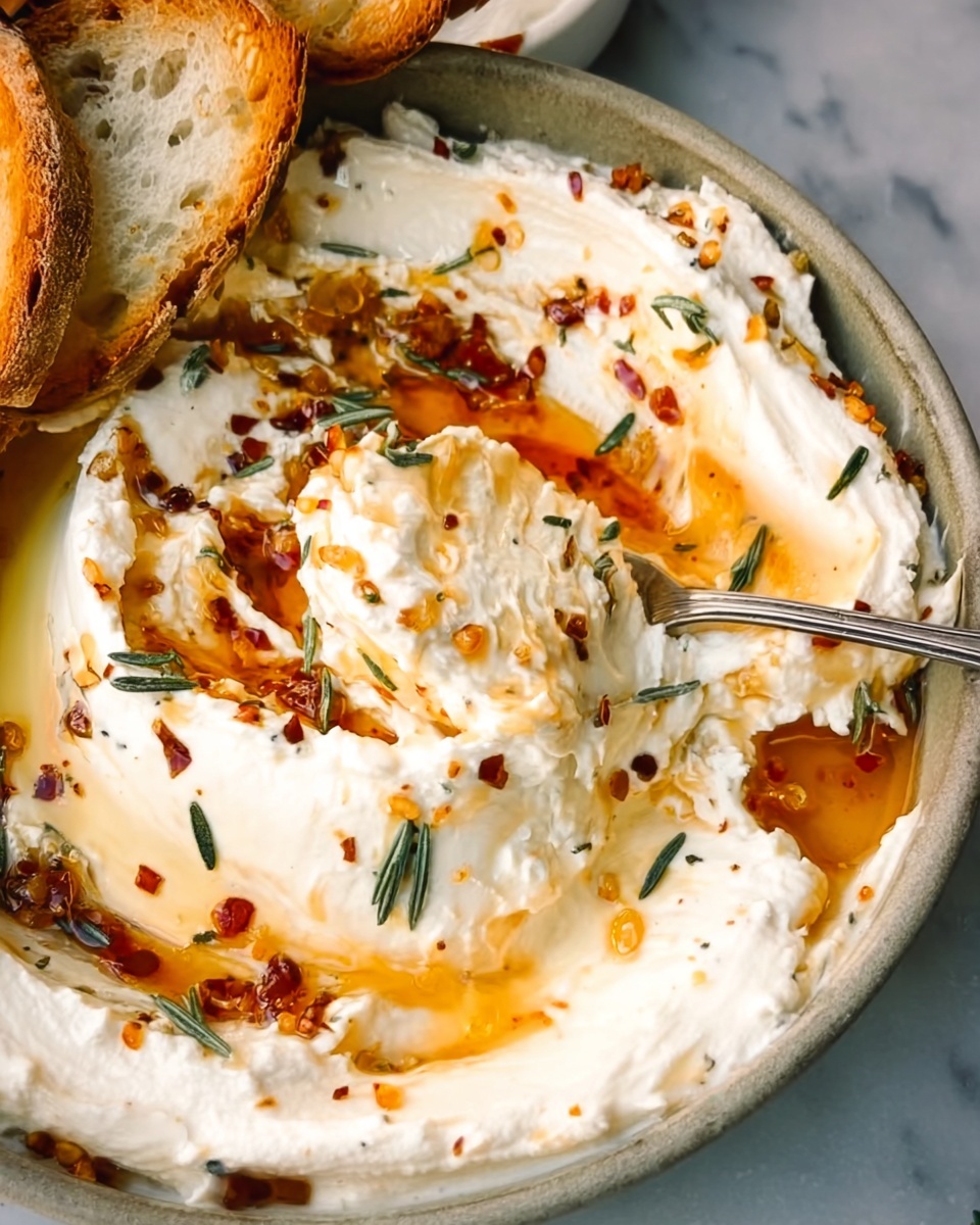 overhead view of a grey bowl filled with creamy whipped ricotta dip drizzled with golden hot honey, red chili flakes, and fresh rosemary sprigs. A silver spoon is lifting a scoop of the cheese mixture, highlighting its thick, silky texture, while toasted baguette slices sit on the edge of the bowl.