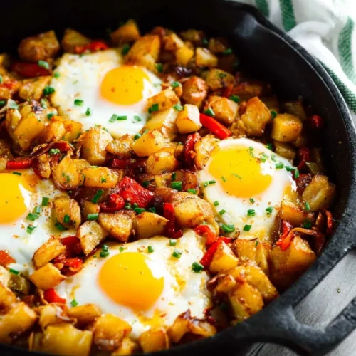 Angled close-up view of a cast iron skillet filled with golden potato hash, red peppers, and sunny-side-up eggs garnished with fresh chives.