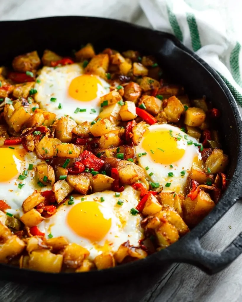 Angled close-up view of a cast iron skillet filled with golden potato hash, red peppers, and sunny-side-up eggs garnished with fresh chives.