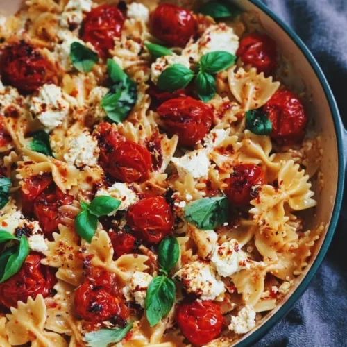 Overhead shot of finished single serving baked feta pasta in a round baking dish, featuring bowtie noodles mixed with roasted cherry tomatoes, crumbled feta, and fresh basil.