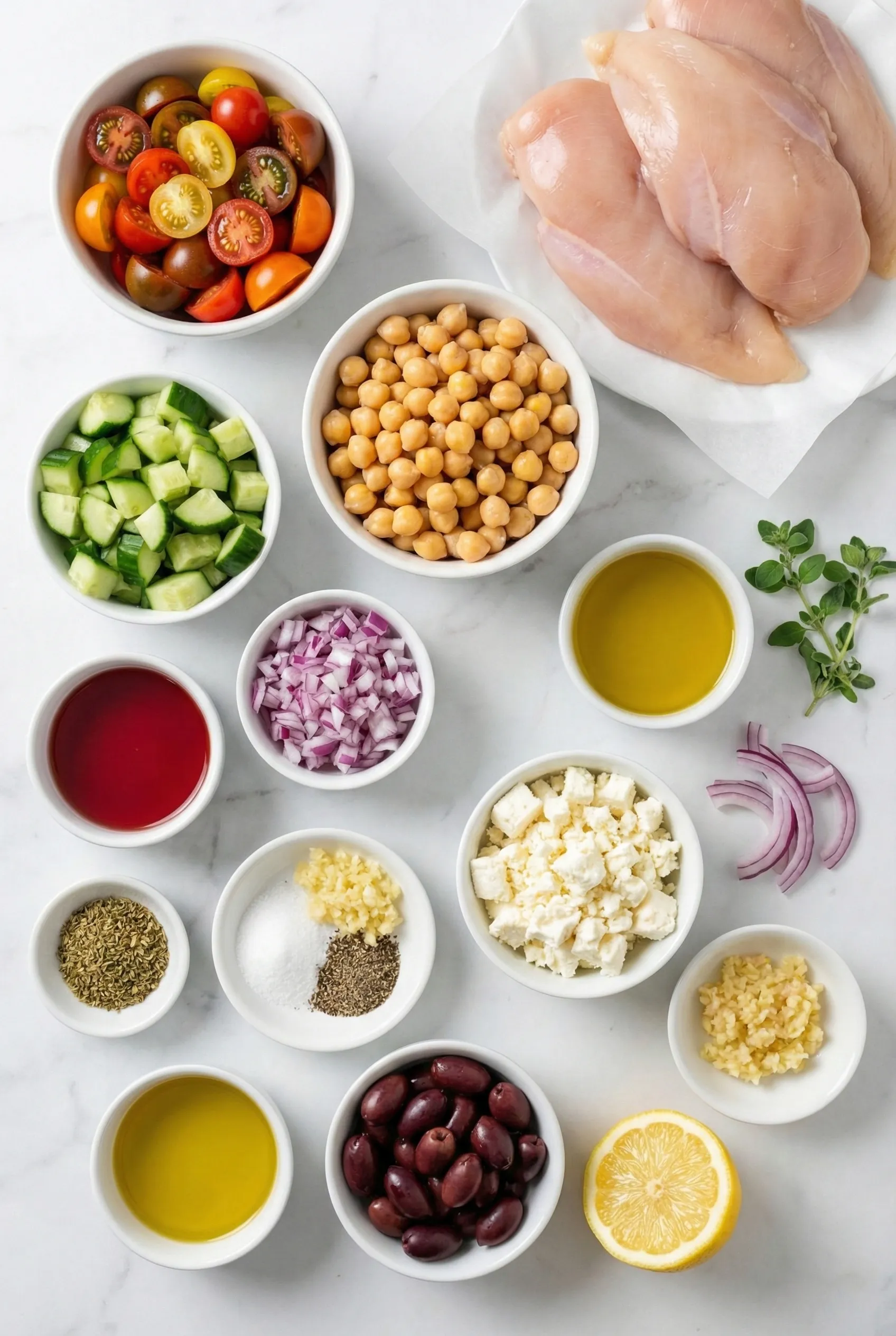 Flat lay of fresh ingredients for Mediterranean chicken bowls meal prep on a white marble surface, including raw chicken breasts, chickpeas, colorful cherry tomatoes, chopped cucumbers, feta cheese, Kalamata olives, and seasonings in white bowls.