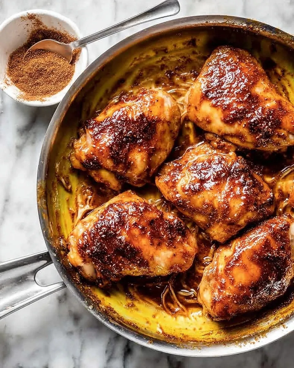 glazed chicken thighs cooking Top-down view of five glazed chicken thighs cooking in a stainless steel skillet, with a small bowl of spice rub on the side.