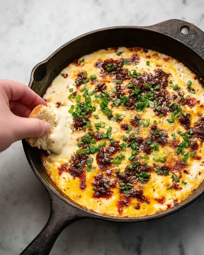 Top-down view of bubbling Queso Fundido in a cast iron skillet topped with crispy chorizo and green onions, with a hand dipping a piece of bread into the melted cheese.