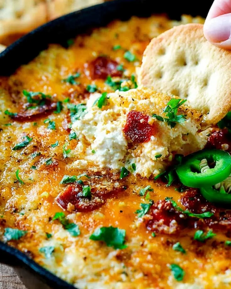 Close-up of a hand scooping warm, cheesy Jalapeño Popper Dip with a round butter cracker from a skillet, showing visible bacon bits, golden cheese crust, and fresh parsley garnish.