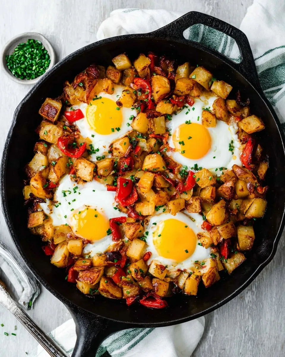 Overhead shot of a cast iron skillet filled with crispy potato and egg hash, featuring golden diced potatoes, red peppers, and four sunny-side-up eggs garnished with fresh chives.