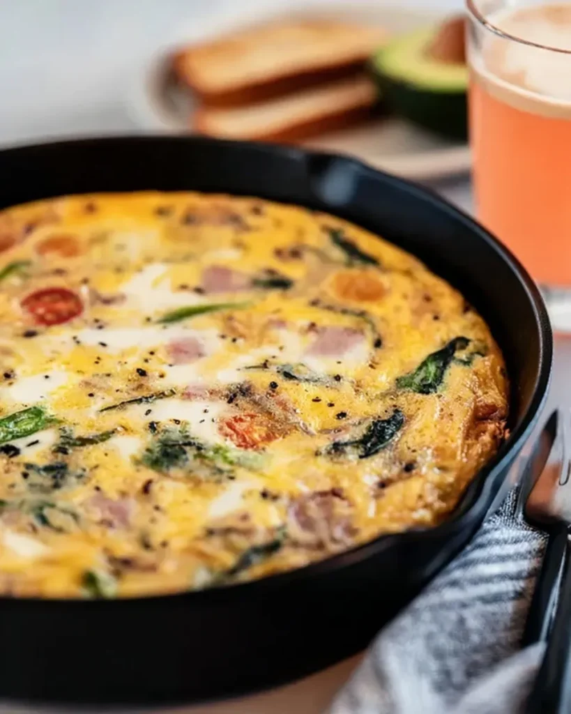 Close-up of a fluffy single-serving veggie frittata in a black cast iron skillet, filled with spinach and cherry tomatoes, served next to a glass of juice and toast.