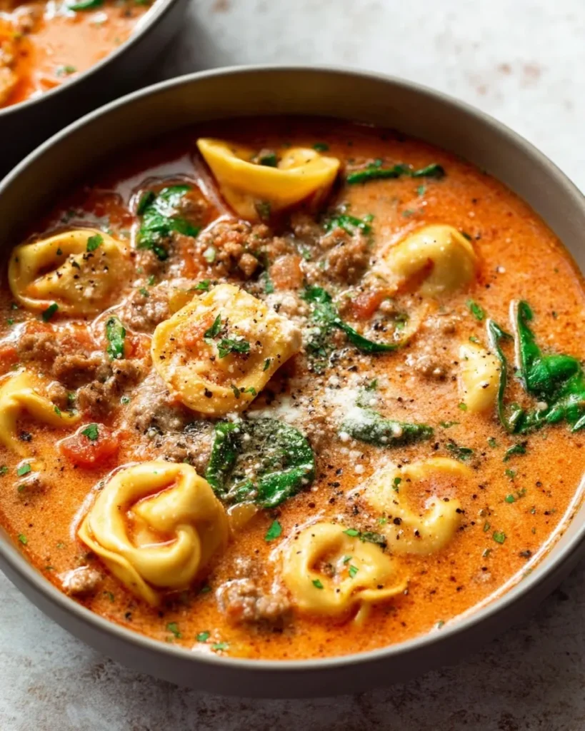 A close-up overhead view of a beige bowl filled with creamy Slow Cooker Tortellini Soup with Sausage, featuring plump cheese tortellini, browned sausage crumbles, wilted spinach, and a sprinkling of grated Parmesan cheese.