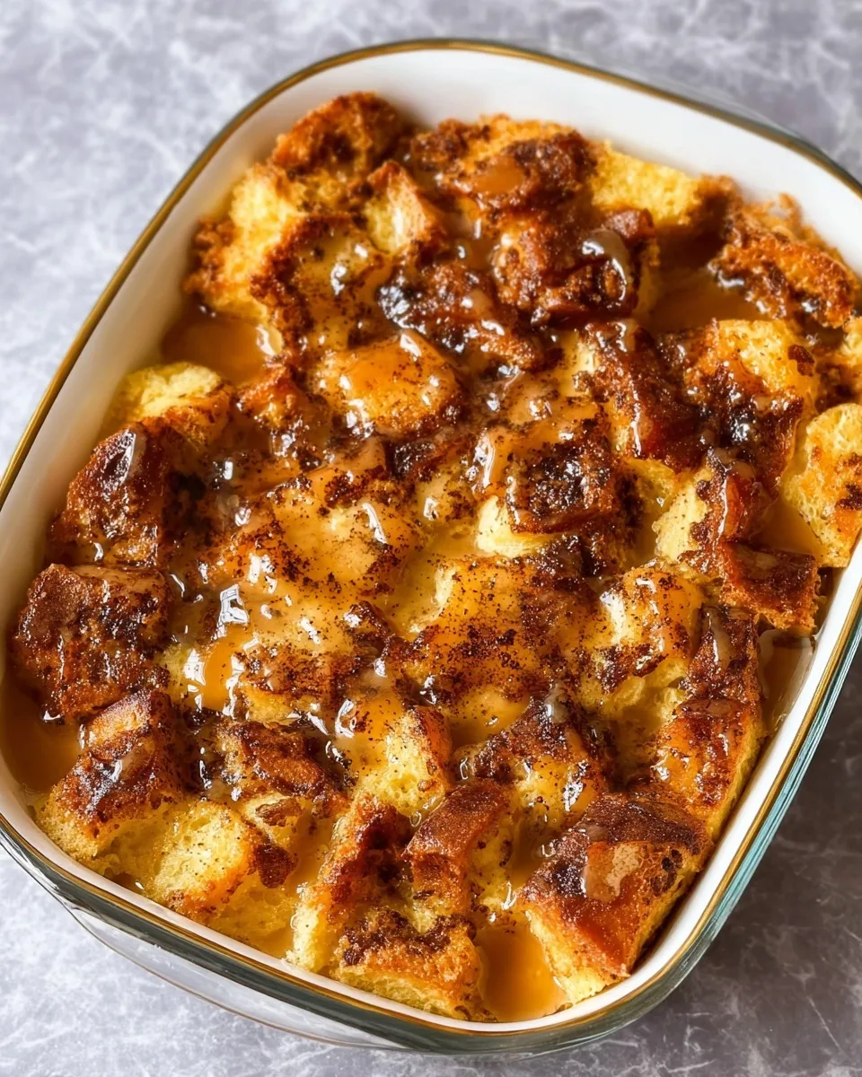 Overhead shot of a rectangular baking dish filled with warm bread pudding from stale bread, featuring a golden-brown crust and a generous drizzle of glossy brown sugar butter sauce pooling in the crevices.