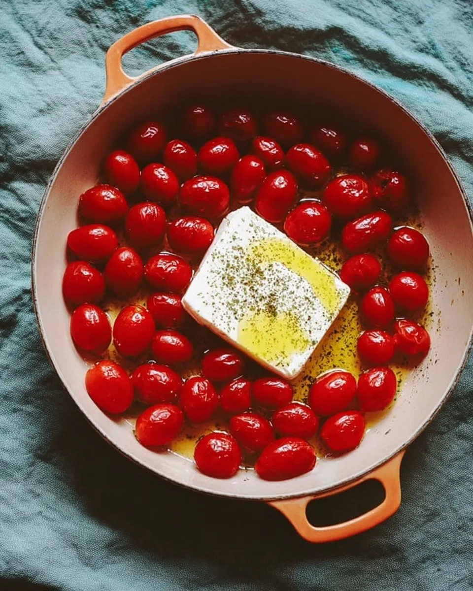raw ingredients for single serving baked feta pasta Overhead shot of raw ingredients for single serving baked feta pasta in a small orange baking dish, showing a block of feta cheese surrounded by cherry tomatoes, olive oil, and dried herbs before baking.