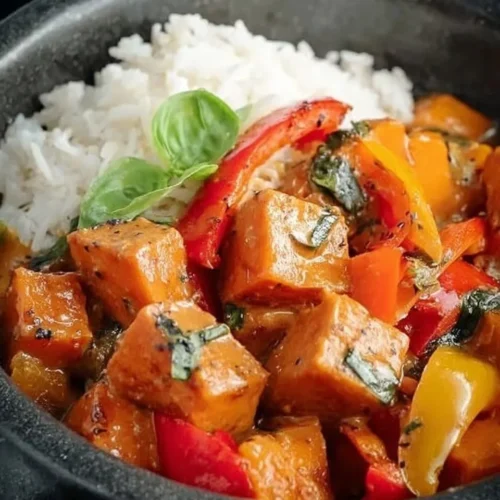 Close-up view of a dark bowl filled with creamy coconut curry featuring sweet potato cubes, red and yellow bell peppers, and fluffy white rice, all garnished with a sprig of fresh basil.
