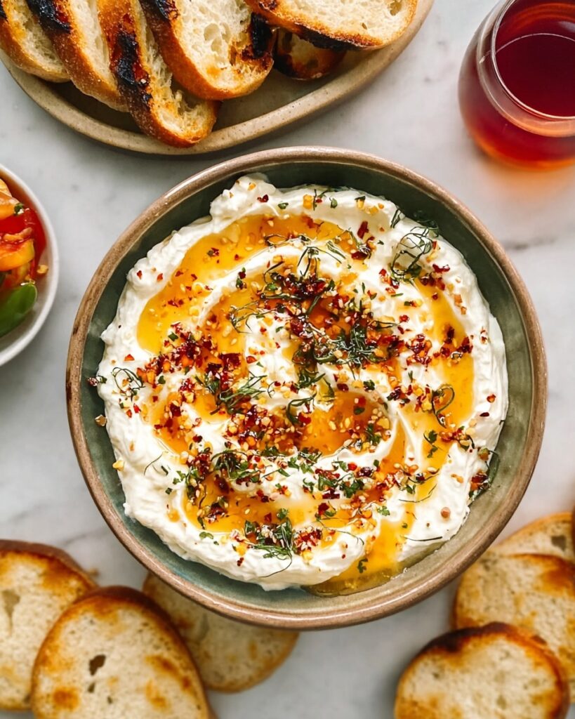 An overhead shot of a rustic grey bowl filled with creamy whipped ricotta dip, generously drizzled with golden hot honey and topped with red chili flakes, chopped walnuts, and fresh green herbs. Charred, toasted baguette slices are arranged around the dip on a white marble countertop, with a small bowl of tomatoes and a glass of amber liquid visible on the edges.