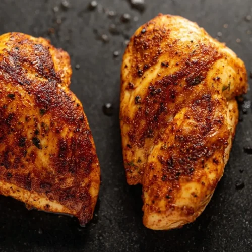 Overhead shot of two cooked air fryer chicken breasts resting on a dark slate surface. The meat features a rich golden-brown spice crust and glistening juices, showcasing a perfectly tender and moist finish without any dry edges.