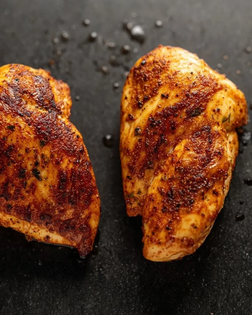 Overhead shot of two cooked air fryer chicken breasts resting on a dark slate surface. The meat features a rich golden-brown spice crust and glistening juices, showcasing a perfectly tender and moist finish without any dry edges.