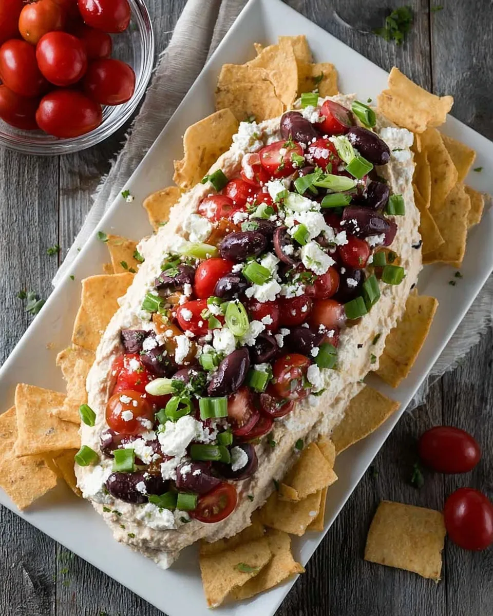 layered Mediterranean dip platter High-angle shot of a layered Mediterranean dip platter surrounded by crispy pita chips, topped with tomatoes, olives, feta, and green onions on a dark wooden table.