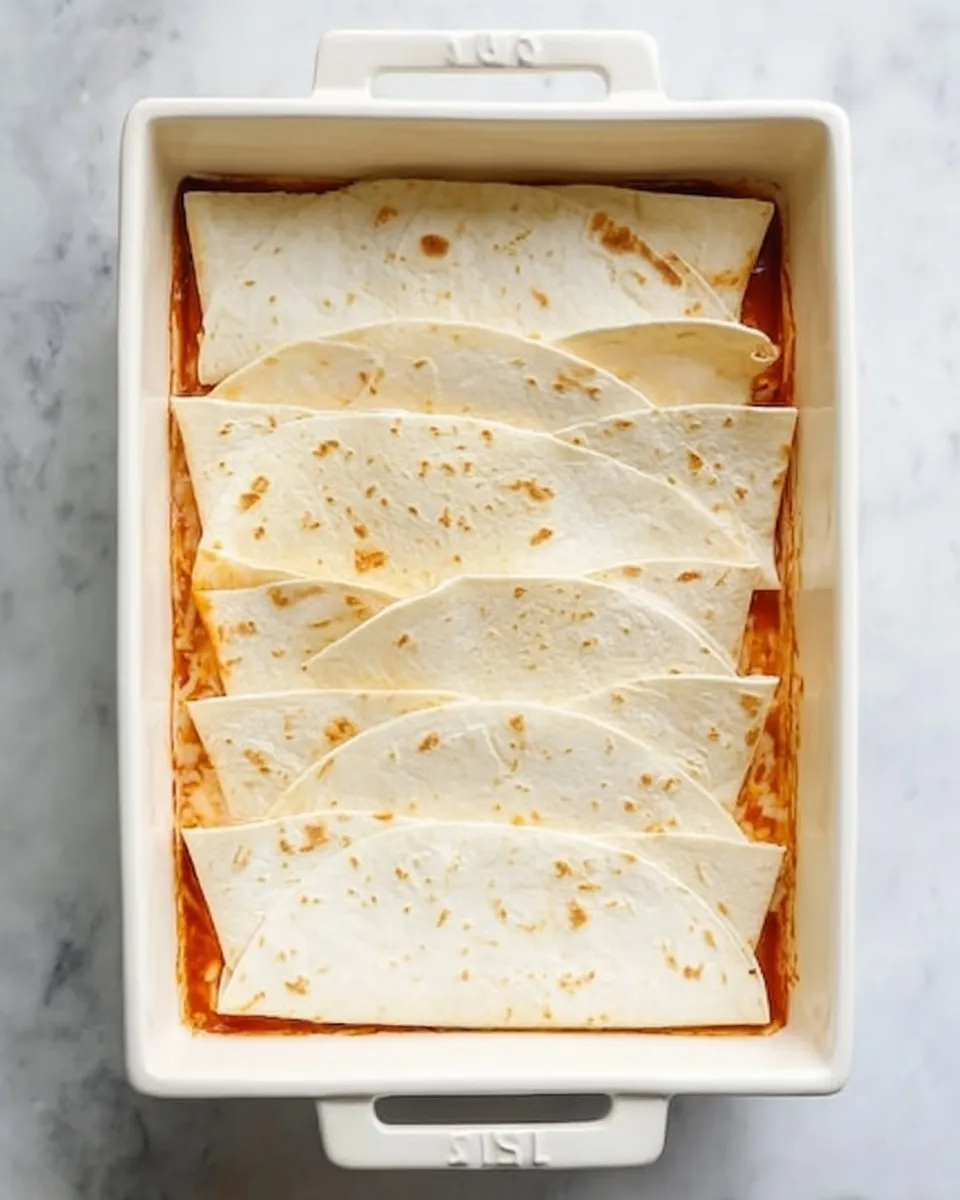 Top-down view of a white casserole dish with a base layer of red enchilada sauce topped with overlapping halved flour tortillas.