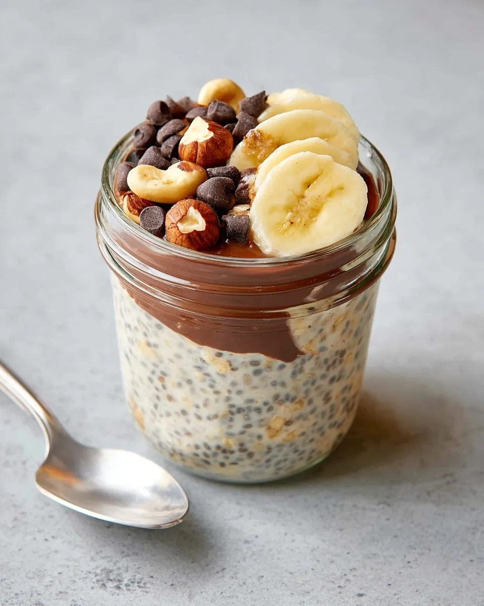 Banana Nutella overnight oats A close-up of a mason jar filled with Banana Nutella overnight oats, topped with a layer of chocolate hazelnut spread, fresh banana slices, whole hazelnuts, and mini chocolate chips.