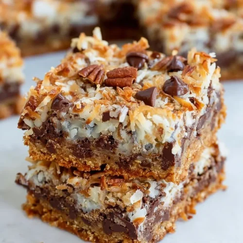 A side-profile view of a stack of two Seven Layer Bars (Magic Bars), clearly showing the thick graham cracker crust, a gooey center packed with melted chocolate chips, and a golden toasted coconut and pecan topping.