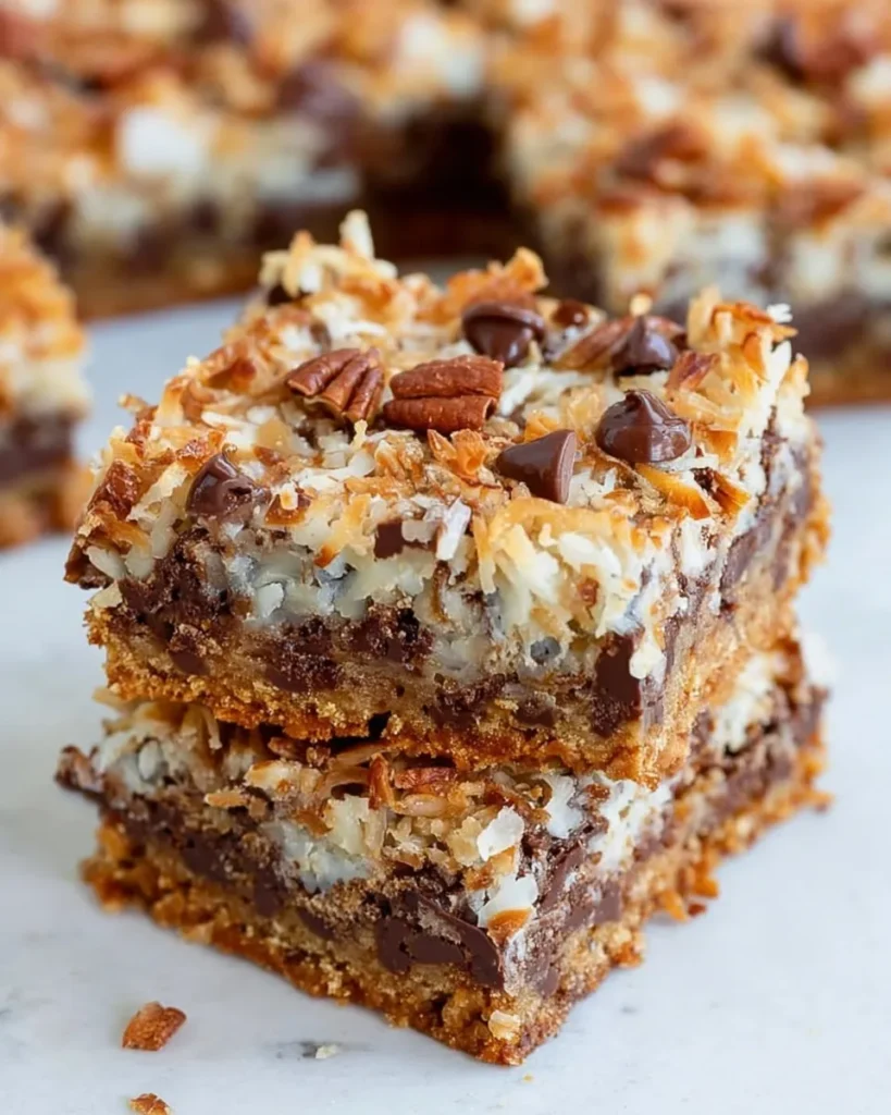 A side-profile view of a stack of two Seven Layer Bars (Magic Bars), clearly showing the thick graham cracker crust, a gooey center packed with melted chocolate chips, and a golden toasted coconut and pecan topping.