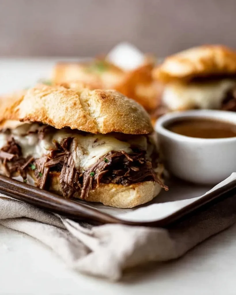 Close-up of a Slow Cooker French Dip sandwich on a toasted crusty roll, filled with tender shredded beef and melted white cheese, served alongside a white ramekin of rich au jus dipping sauce on a lined tray.
