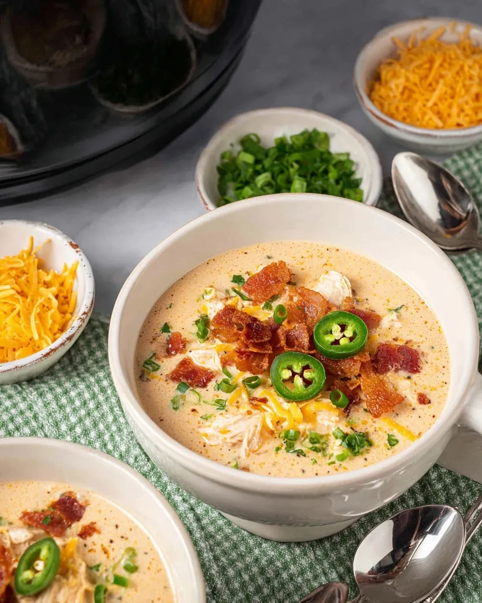 creamy Crockpot Jalapeño Popper Chicken Soup Close-up view of a white bowl filled with creamy Crockpot Jalapeño Popper Chicken Soup, garnished with crispy bacon, fresh jalapeño slices, shredded cheese, and green onions on a green checkered napkin.