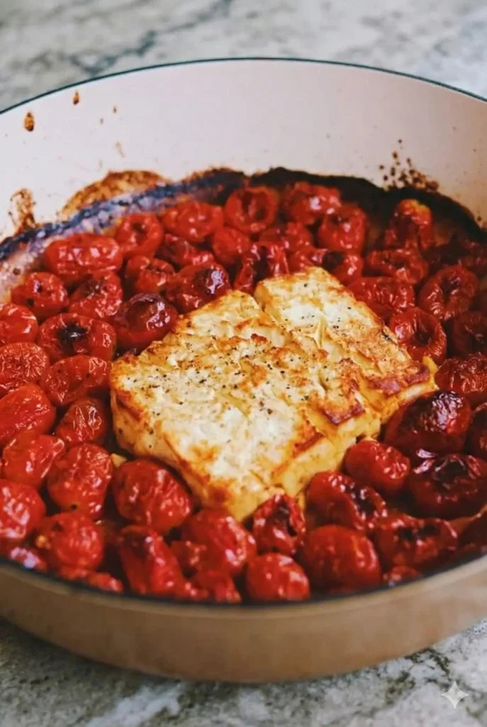 Close-up of baked feta cheese with a golden-brown top surrounded by burst, caramelized cherry tomatoes in a skillet, ready to be mixed into single serving baked feta pasta sauce.