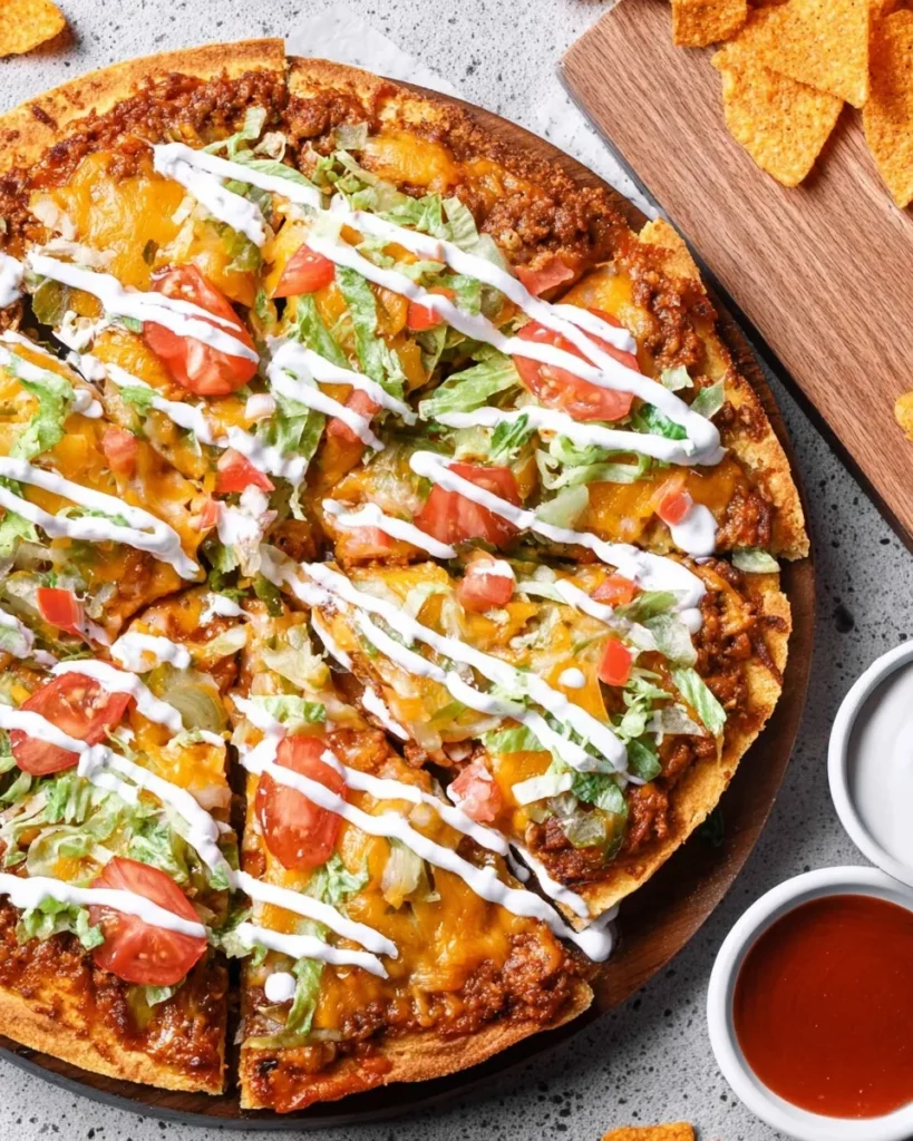 Top-down view of a sliced taco pizza featuring seasoned taco meat pizza topping, melted cheddar cheese, shredded lettuce, and diced tomatoes, drizzled with sour cream on a wooden board.