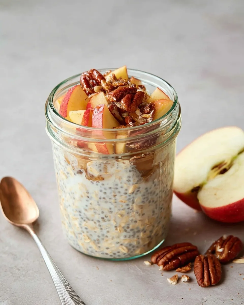 Apple Pie overnight oats A mason jar filled with Apple Pie overnight oats, topped with chopped red apples, pecans, and a sprinkle of cinnamon, sitting next to a sliced apple and a gold spoon.