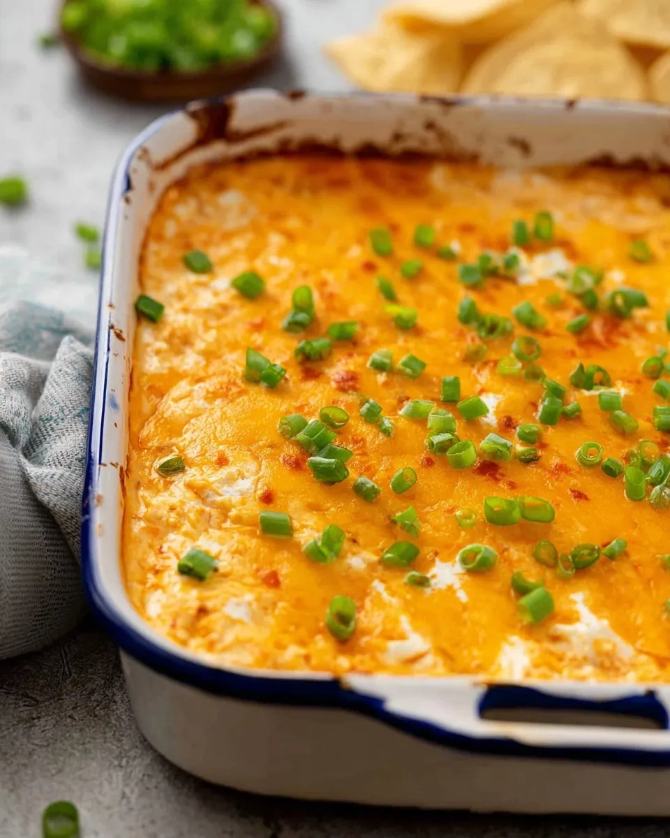 A rectangular white and blue enamel baking dish filled with hot baked Buffalo Chicken Dip. The dip is covered in a layer of melted, bubbly orange cheddar cheese and garnished with fresh chopped green onions. A grey napkin sits to the left, with tortilla chips in the blurred background.