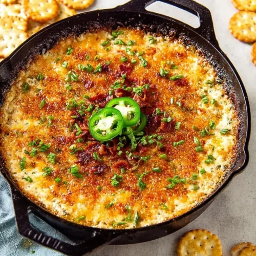 Overhead flat-lay of baked Jalapeño Popper Dip in a black cast-iron skillet, featuring a golden-brown panko crust garnished with crispy bacon bits, fresh chives, and jalapeño slices, surrounded by scattered round butter crackers.