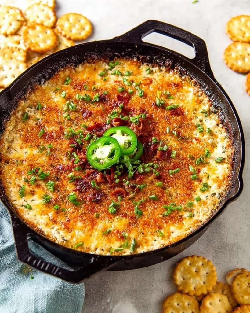 Overhead flat-lay of baked Jalapeño Popper Dip in a black cast-iron skillet, featuring a golden-brown panko crust garnished with crispy bacon bits, fresh chives, and jalapeño slices, surrounded by scattered round butter crackers.