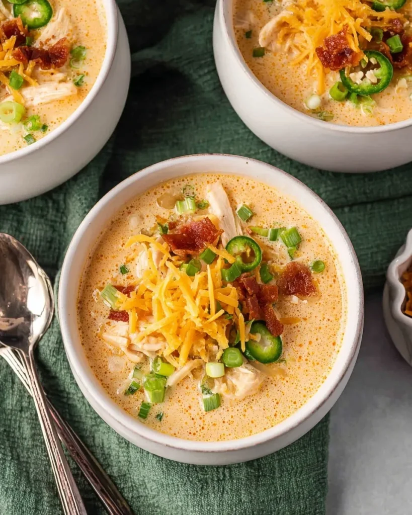 Pinterest graphic featuring two photos of creamy Crockpot Jalapeño Popper Chicken Soup garnished with fresh peppers and paprika, with a text overlay reading "Crockpot Jalapeño Popper Chicken Soup: Just 10 Minutes Prep - Creamy & Spicy Perfection."