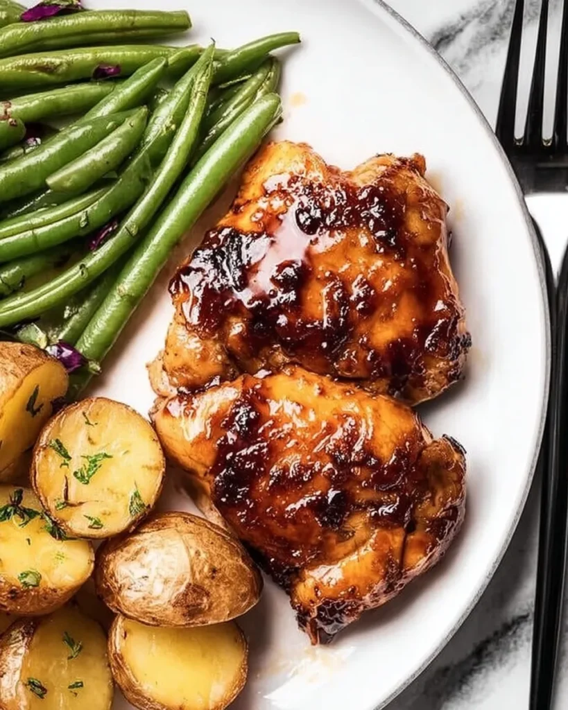 Close-up overhead view of two glossy glazed chicken thighs on a white dinner plate, served alongside golden roasted potatoes and steamed green beans.