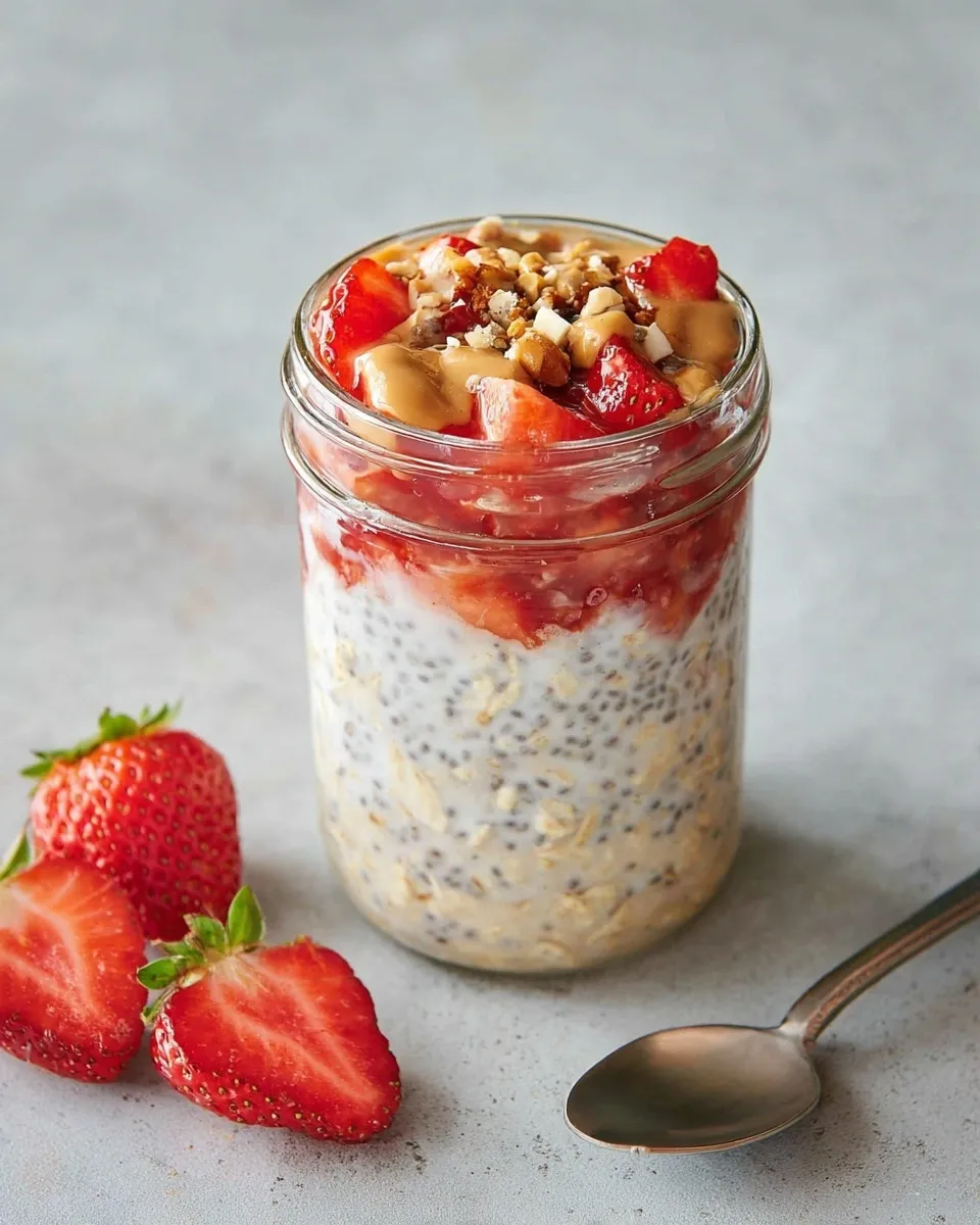 Peanut Butter and Jelly overnight oats A close-up of a mason jar filled with Peanut Butter and Jelly overnight oats, layered with strawberry jam and topped with fresh strawberry slices, a drizzle of creamy peanut butter, and chopped peanuts.