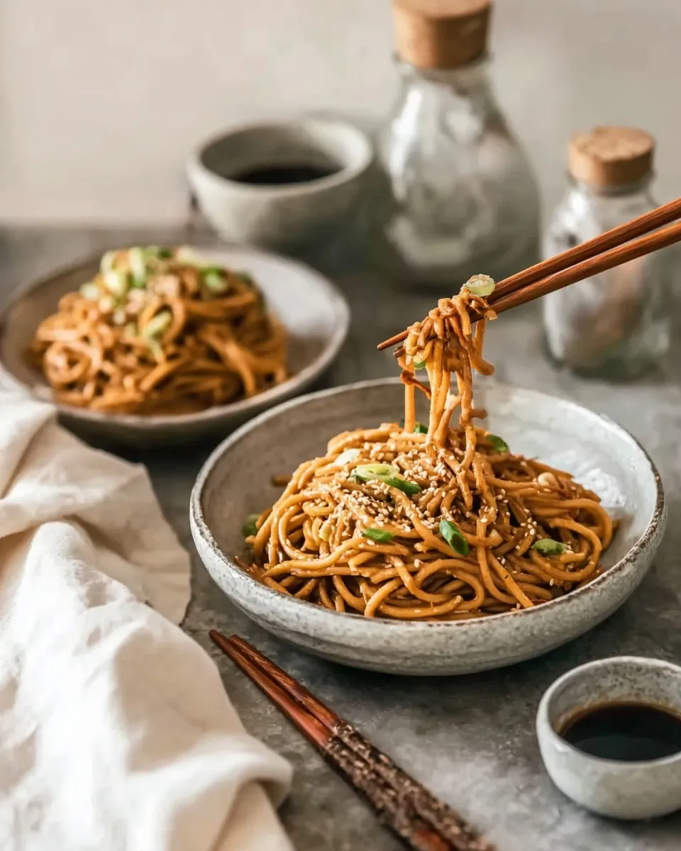Wooden chopsticks lifting a generous serving of cold sesame noodles from a rustic grey bowl, garnished with white sesame seeds and chopped scallions. A second bowl of noodles and glass sauce bottles are visible in the blurred background.