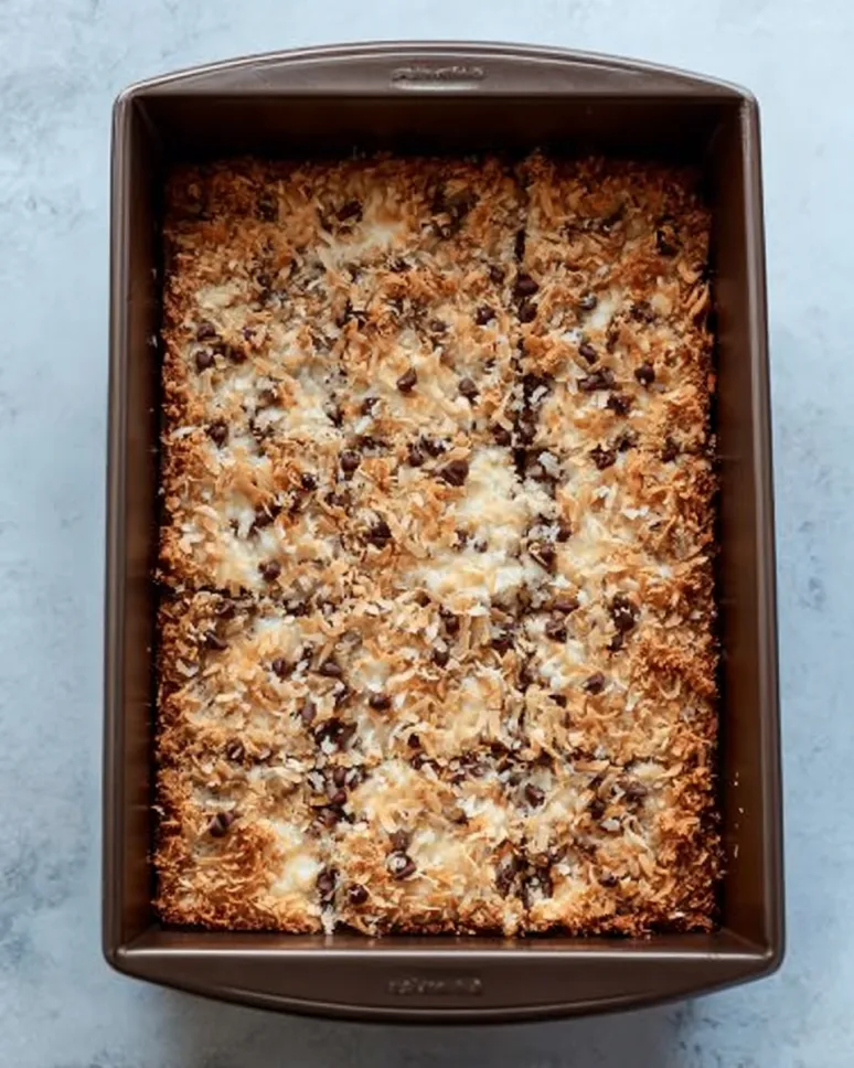 Top-down view of a 9x13 baking pan filled with freshly baked Magic Bars. The shredded coconut topping is toasted to a deep golden brown, with melted chocolate chips visible throughout the surface.