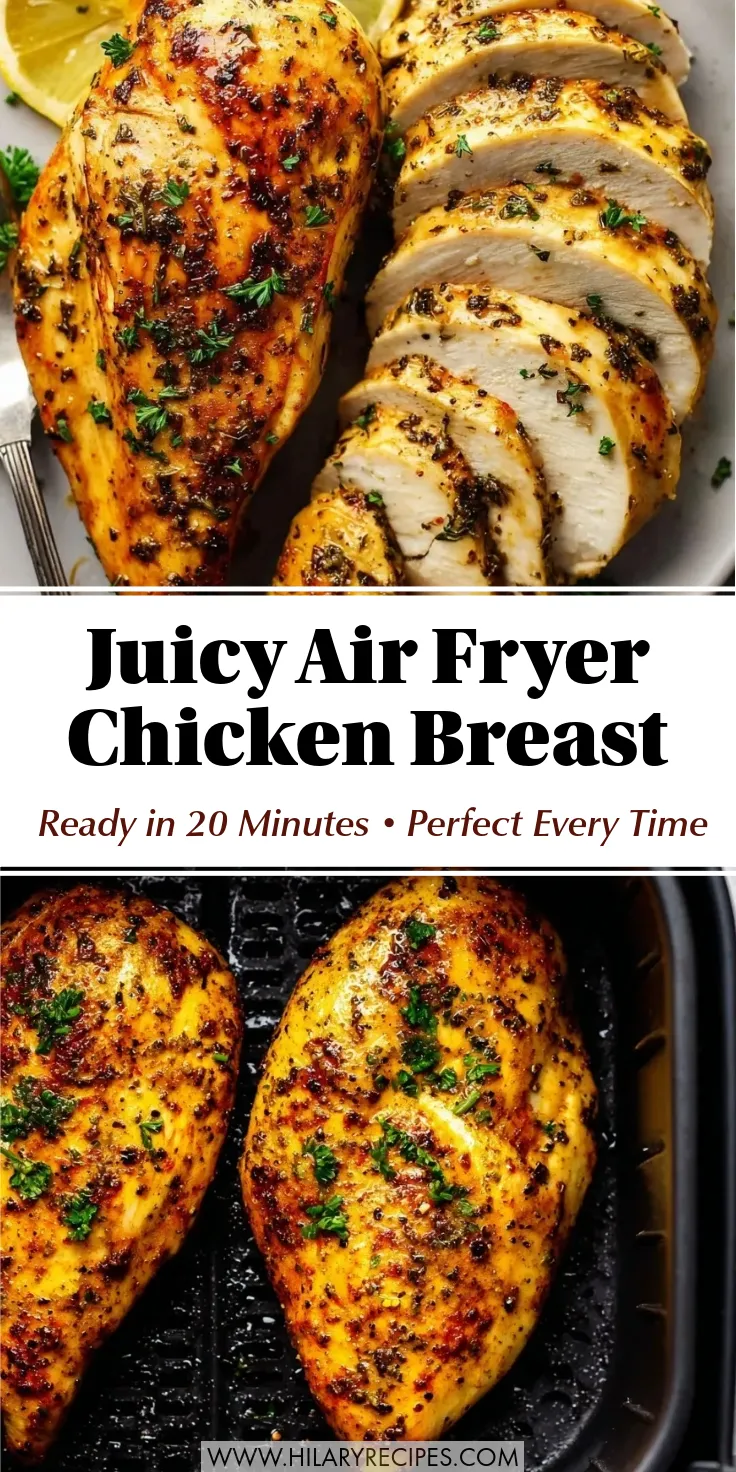 Air Fryer Chicken Breast pin A Pinterest-style graphic featuring juicy air fryer chicken breast. The top image shows a golden, seasoned chicken breast sliced to show the moist interior, garnished with fresh parsley. The bottom image shows two seasoned chicken breasts cooking inside an air fryer basket. Text overlay reads: "Juicy Air Fryer Chicken Breast - Ready in 20 Minutes - Perfect Every Time."