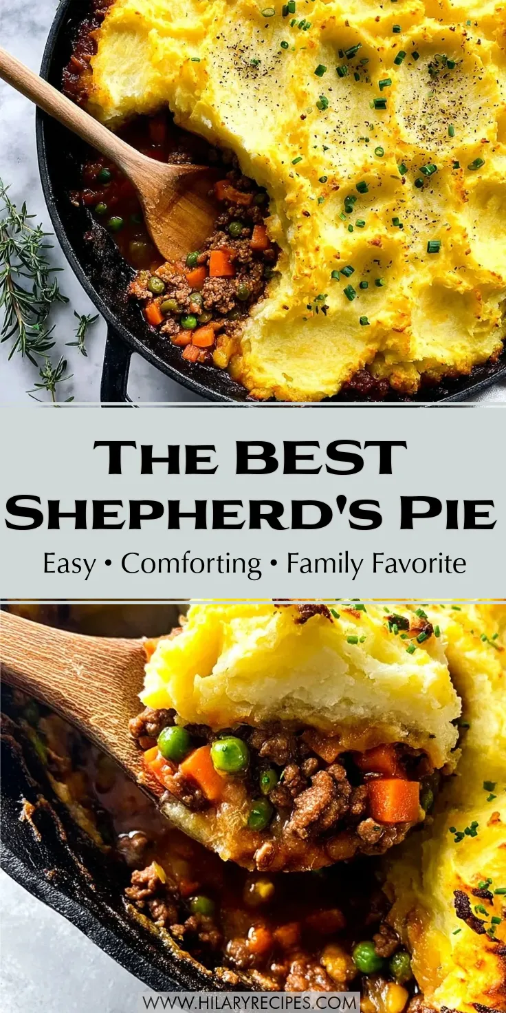 Beef Stew Shepherd's Pie pin A Pinterest graphic split into three sections: a top-down view of a cast iron skillet filled with Beef Stew Shepherd's Pie with a scoop missing; a text overlay reading "The Best Shepherd's Pie: Easy, Comforting, Family Favorite"; and a bottom close-up shot of a wooden spoon lifting a generous portion of savory beef filling and golden mashed potatoes.