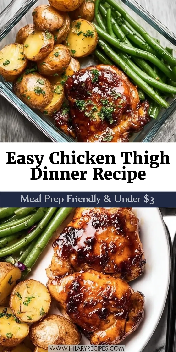 Cheap Chicken Thigh pin Vertical Pinterest graphic split into two sections showing a cheap chicken thigh dinner; the top shows a glass meal prep container filled with roasted potatoes, green beans, and glazed chicken, while the bottom shows the same meal plated, separated by text reading "Easy Chicken Thigh Dinner Recipe Meal Prep Friendly & Under $3".