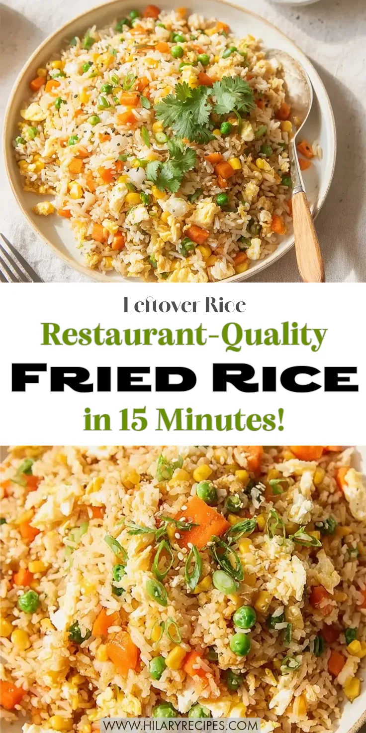 Day-Old Rice Fried Rice pin Pinterest graphic featuring a split image of vegetable fried rice with peas, carrots, corn, and scrambled eggs. Text overlay reads: "Leftover Rice Restaurant-Quality FRIED RICE in 15 Minutes!" Top image shows a full plate with a spoon; bottom image is a close-up showing the separated grains and sesame seeds.