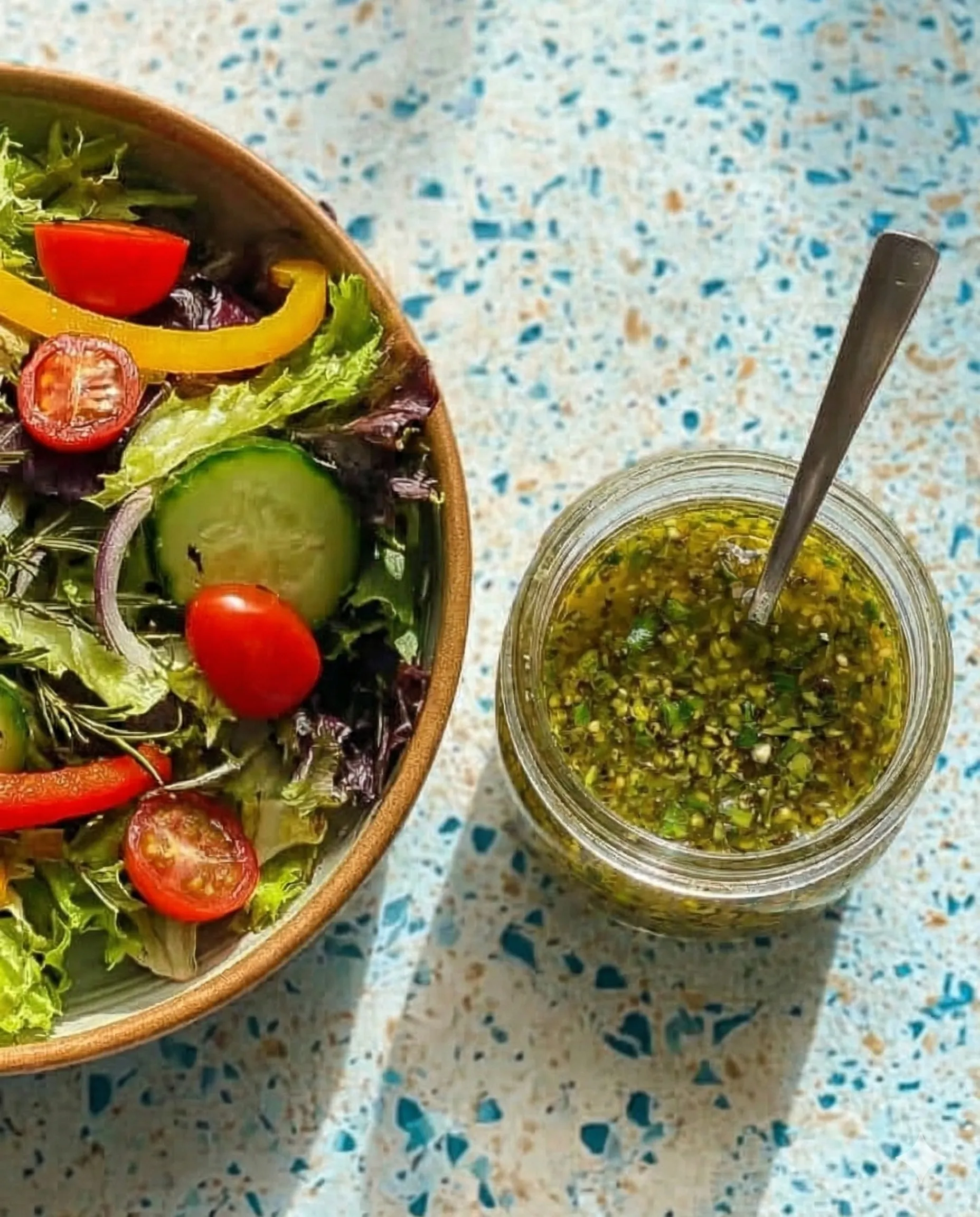 Overhead view of a vibrant garden salad with tomatoes and cucumbers next to an open jar of homemade dried herb vinaigrette with a spoon, set on a sunny blue speckled countertop.