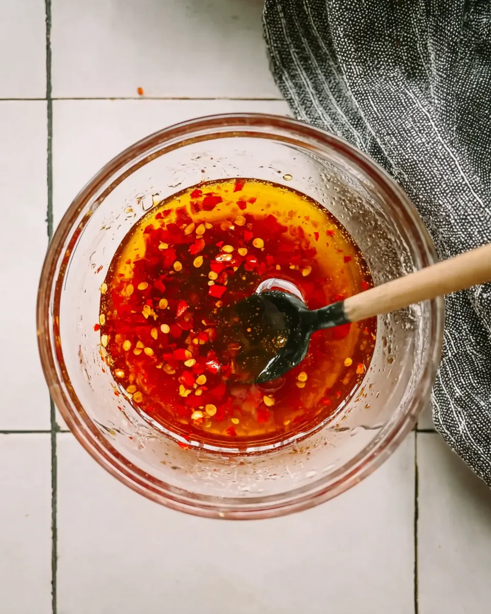 Top-down view of a clear glass bowl containing golden hot honey mixed with vibrant red chili flakes. A spoon with a wooden handle rests in the spicy mixture, set against a white tile background with a grey textured cloth.