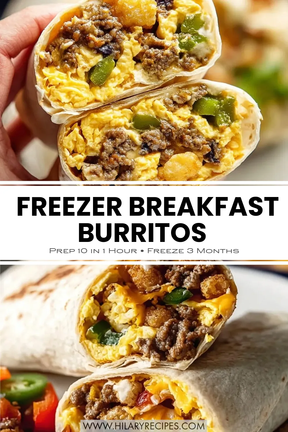 Make-Ahead Burrito Filling pin_result A split-screen Pinterest graphic featuring close-up cross-sections of a breakfast burrito. The make-ahead burrito filling is visible, showing layers of fluffy scrambled eggs, browned ground turkey sausage, melted cheddar cheese, sautéed green peppers, and crispy tater tots wrapped in a soft flour tortilla.