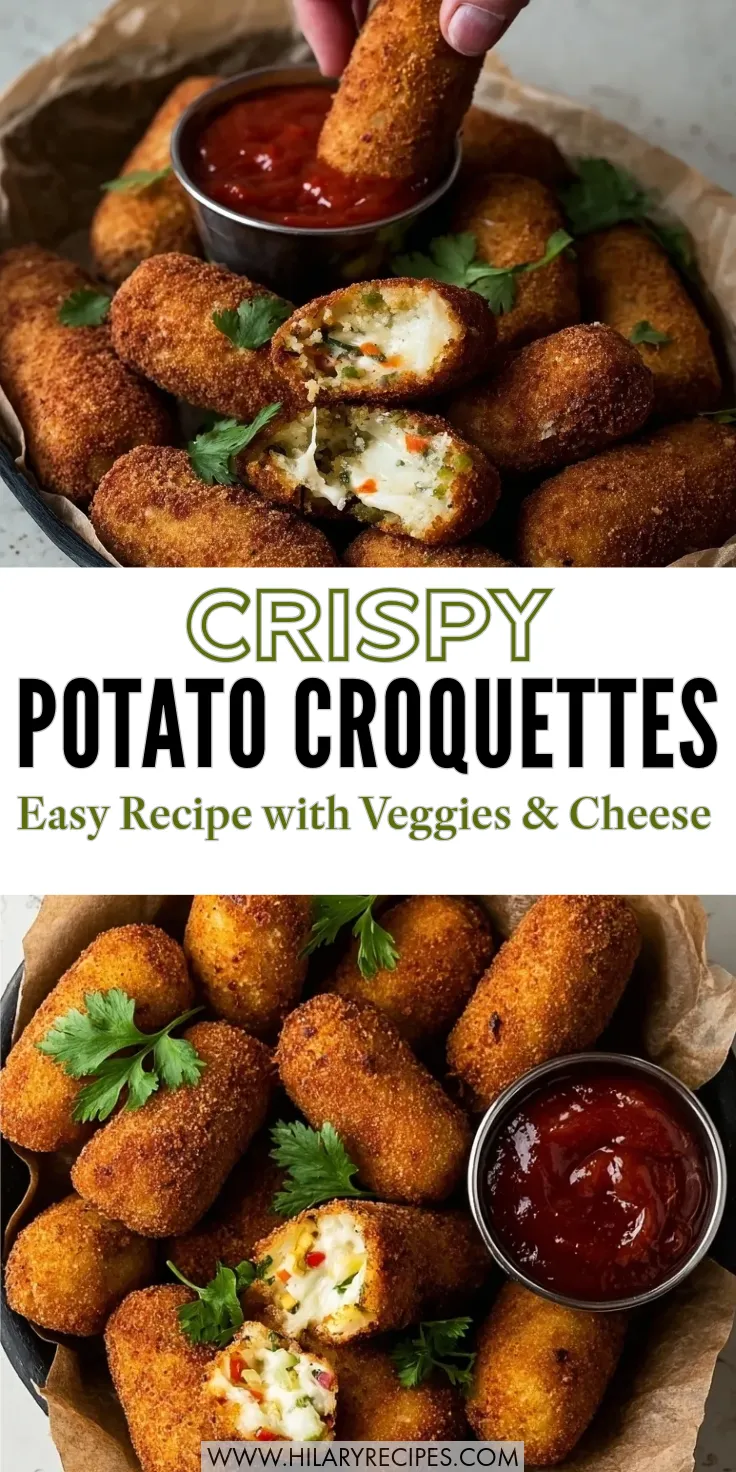 Mashed Potato Croquettes pin Pinterest graphic showing golden brown mashed potato croquettes served with dipping sauce, with one broken open to reveal a cheesy vegetable filling, featuring text overlay "Crispy Potato Croquettes Easy Recipe with Veggies & Cheese".