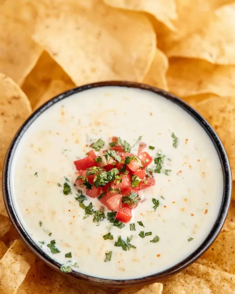 Top-down close-up view of a bowl of creamy Mexican white cheese dip topped with fresh pico de gallo and surrounded by crispy tortilla chips.