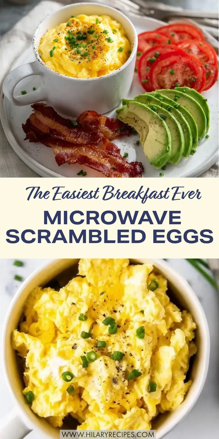 Microwave Scrambled Eggs in a Mug pin A vertical Pinterest pin featuring a white mug filled with fluffy microwave scrambled eggs topped with chives and black pepper, served on a plate with bacon, sliced avocado, and tomatoes. Text overlay reads "The Easiest Breakfast Ever Microwave Scrambled Eggs."