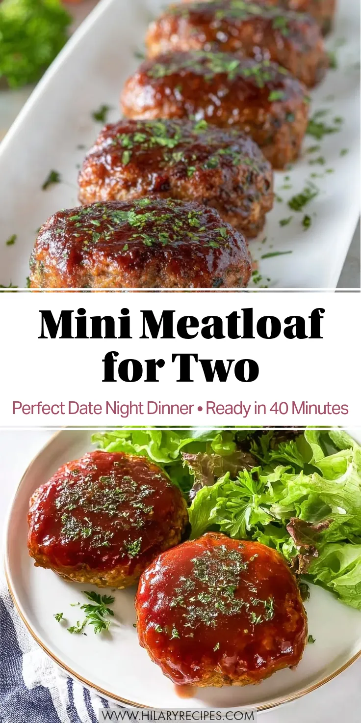 Mini Turkey Meatloaf for Two pin A vertical Pinterest graphic for mini turkey meatloaf featuring two appetizing photos. The top image shows glazed loaves lined up on a platter garnished with parsley; the bottom image shows two loaves plated with a green salad. Text overlay reads: "Mini Meatloaf for Two - Perfect Date Night Dinner - Ready in 40 Minutes."