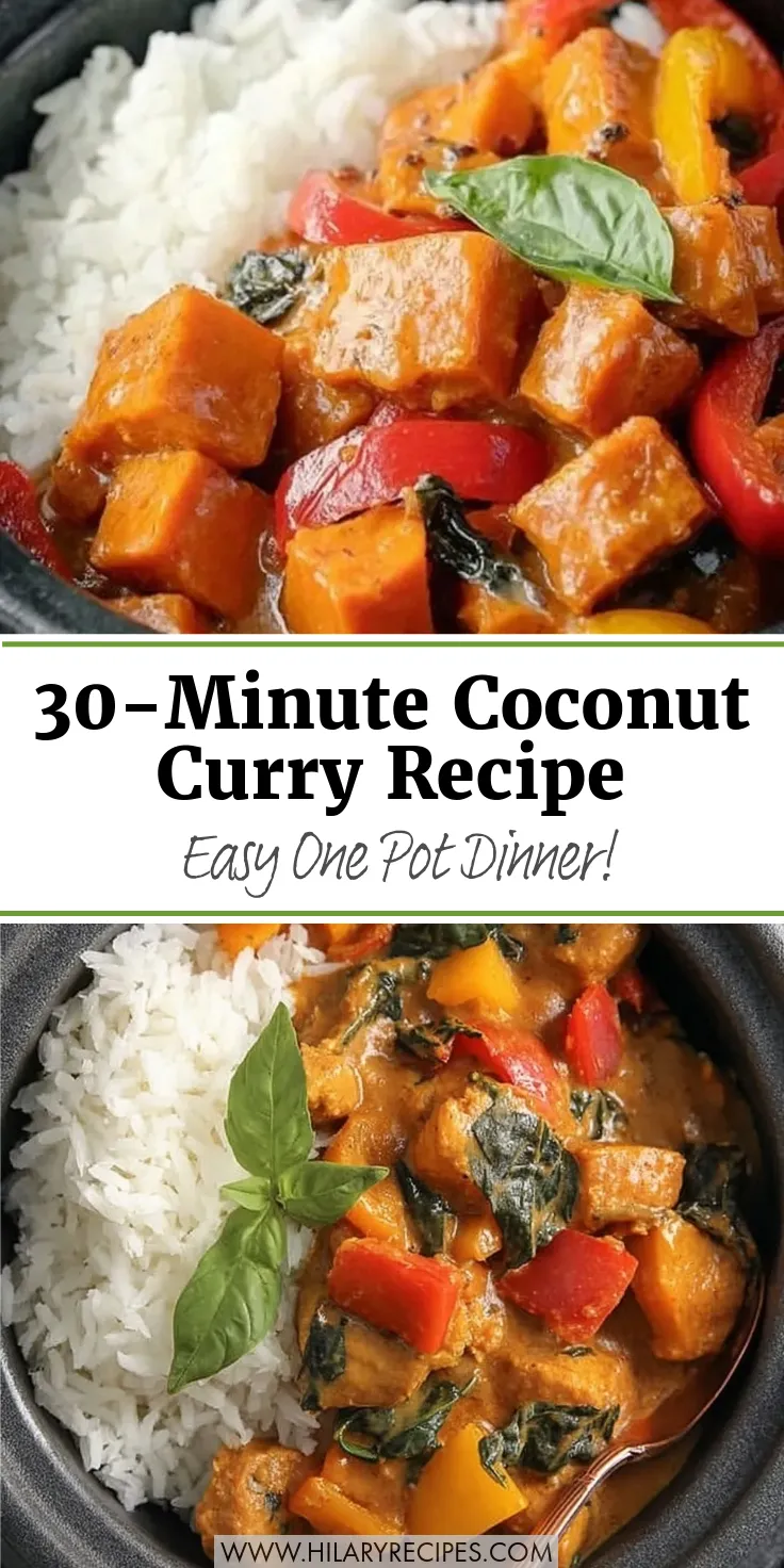Quick Coconut Curry pin Vertical Pinterest pin image displaying a creamy vegetable coconut curry served with fluffy white rice. The graphic features a text overlay that reads "30-Minute Coconut Curry Recipe Easy One Pot Dinner!" The dish includes cubed sweet potatoes, red bell peppers, and a fresh basil garnish in a rich, glossy yellow sauce.
