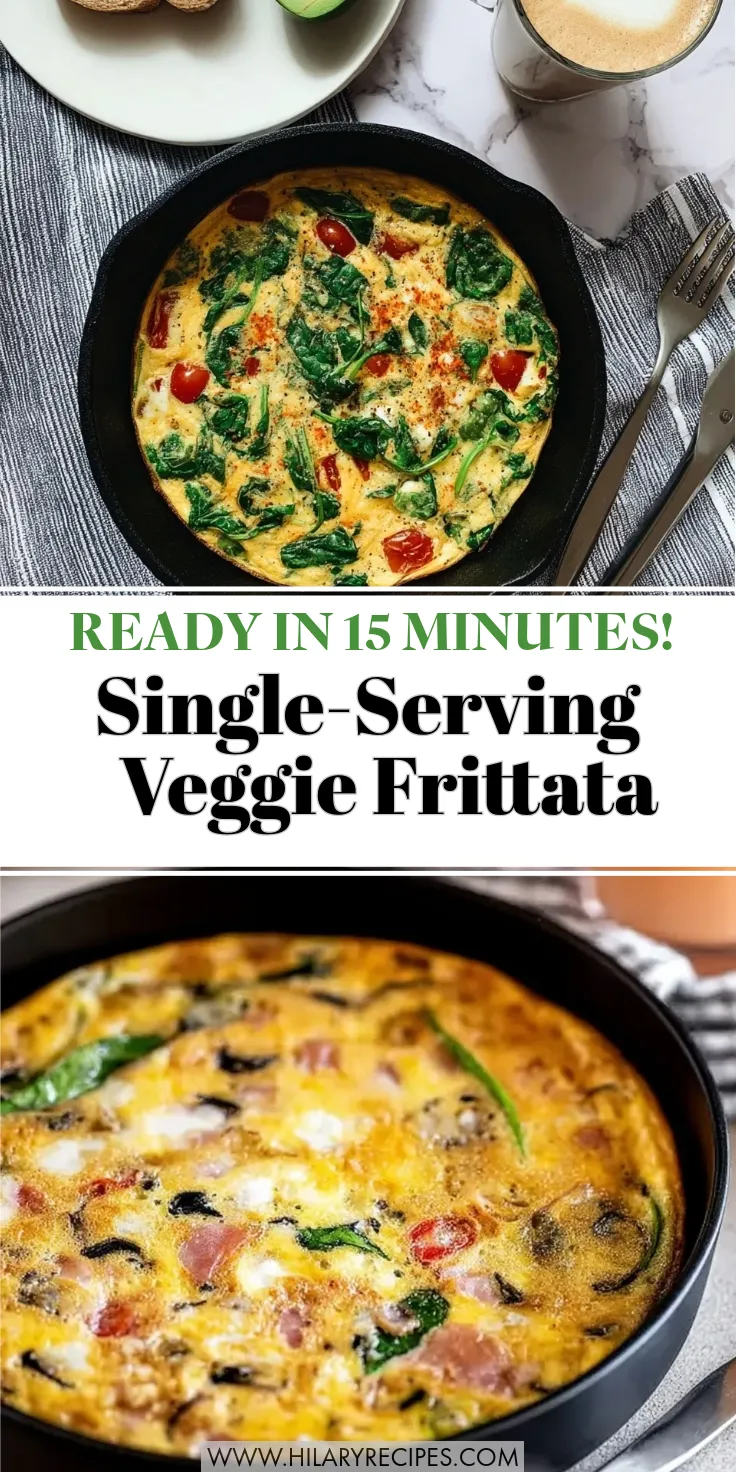 Quick Veggie Frittata for One pin Pinterest graphic featuring a Quick Veggie Frittata for One. The top image shows a spinach and tomato frittata in a black cast iron skillet next to coffee. Large text overlay reads "READY IN 15 MINUTES! Single-Serving Veggie Frittata." The bottom image shows a close-up angled view of a golden, fluffy frittata in a pan.